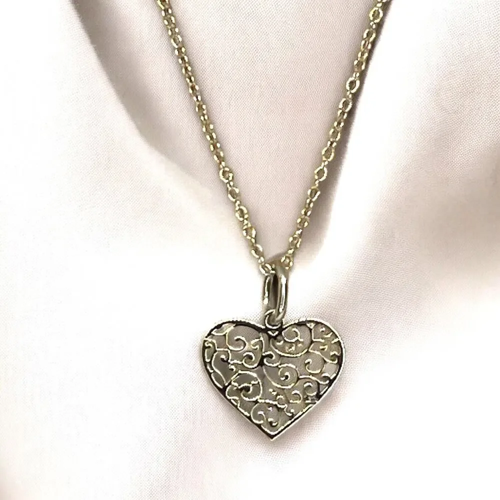 Sterling Silver Heart Filigree Pendant Necklace Open Work Stylish Fashion NEW